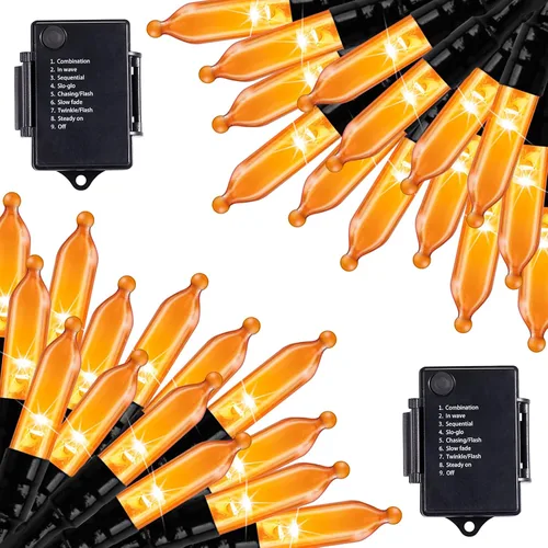 Vista 17 de Luces de Halloween naranja púrpura para exteriores, 17.8 pies, 50 luces LED de Navidad con 8 modos, mini tira de luces impermeables a pilas para uso
