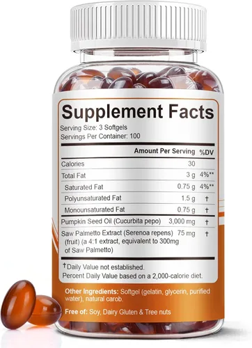 Vista 2 de Aceite de semilla de calabaza con cápsulas de palma enana americana, 3000 mg/porción, 300/600 cápsulas blandas Prensado en frío, aceite virgen