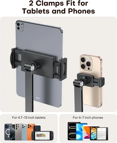 Vista 3 de OMOTON GH03 - Soporte para tablet con rotación de 360°, soporte de teléfono de brazo largo de aleación de aluminio GH03 con 2 abrazaderas de Negro