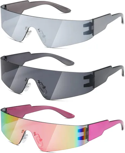 Vista 8 de MASDUN Gafas de sol envolventes futuristas sin montura para mujeres y hombres, Cyberpunk Visera, lentes de sol a la moda