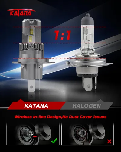 Vista 5 de KATANA Bombillas H4 mejoradas, 18000LM 6500K xenón blanco súper brillante tamaño mini con ventilador de refrigeración, luz antiniebla lista