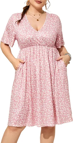Vista 6 de ShopWonder Vestido de talla grande para mujer, con cuello en V, acampanado, largo hasta la rodilla, vestido de fiesta, minivestido de fiesta
