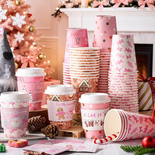 Vista 4 de Yungyan Paquete de 100 Tazas de Café Desechables de Navidad de 12 oz con Tapas y Mangas Tazas de Café de Papel Aisladas con Tapas Abovedadas