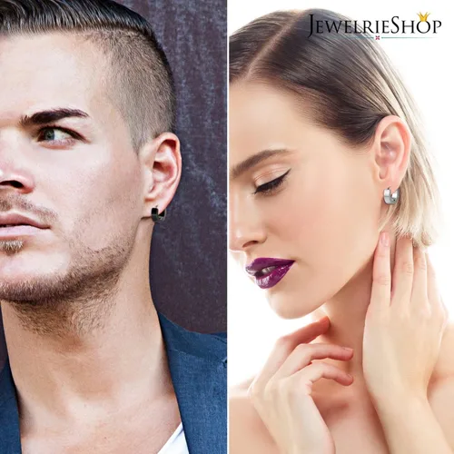 Vista 5 de JewelrieShop Juego de joyas para hombre, aretes colgantes con bisagras, acero inoxidable, hipoalergénicos, aretes de aro urbanos