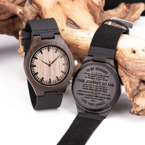 Vista 2 de Reloj de pulsera en madera con mensaje gravado personalizado para hombre, regalo para esposo, novio, padre, hijo, familiares y amigos