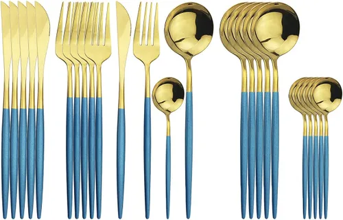 Vista 19 de Juego de cubiertos negros de acero inoxidable de 24 piezas, servicio para 6, vajilla pulida con espejo, cuchillo tenedor y cuchara para el hogar