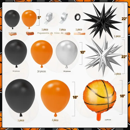 Vista 2 de Kit de guirnalda de arco de globos de baloncesto, 97 piezas de 18, 10, 5 pulgadas, globos de baloncesto negros y naranjas con globos de aluminio