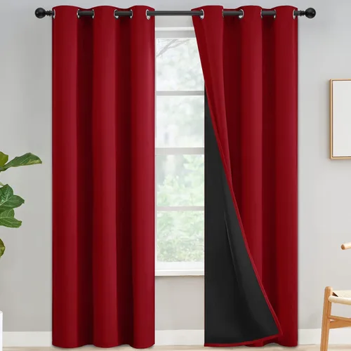 Vista 123 de Yakamok Cortinas 100% opacas para dormitorio, 63 pulgadas de largo, cortinas de bloqueo de luz total con respaldo negro, paneles de ojales sólidos