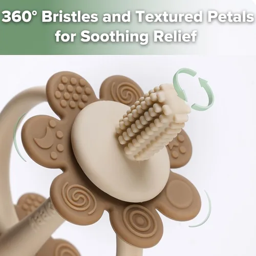 Vista 3 de juguetes de dentición de silicona para bebés haakaa, extremo con forma de pezón para masaje de encías, cabeza de cepillo de dientes de 360°