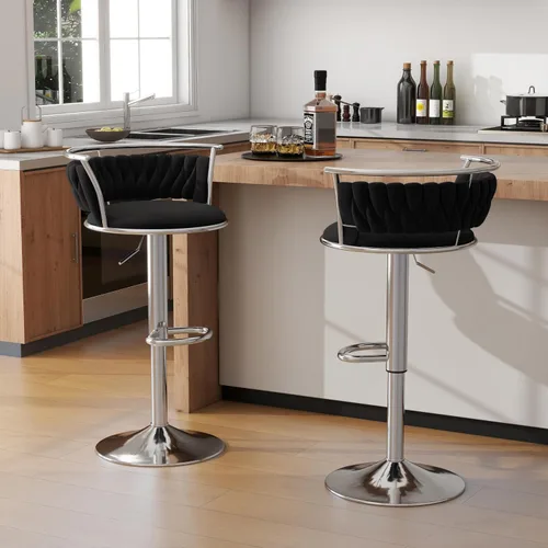 Vista 6 de Juego de 2 taburetes de bar giratorios de 360°, silla de bar de terciopelo ajustable a altura de mostrador moderna, taburete de metal plateado