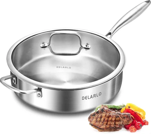 Vista 15 de DELARLO Sartén de tres capas de acero inoxidable de 10 pulgadas Sartén de freír profunda de 3QT con tapa Sartén de saltear con tapa Compatible