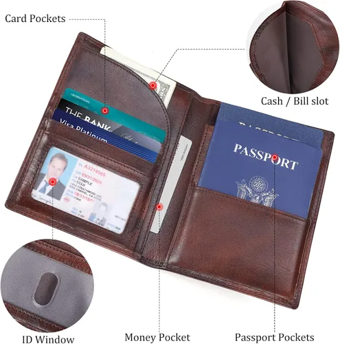 Vista 5 de Polare - Soporte para pasaporte de cuero de grano completo con bloqueo RFID, billetera plegable para viajes, 2 pasaportes, Café, Slim