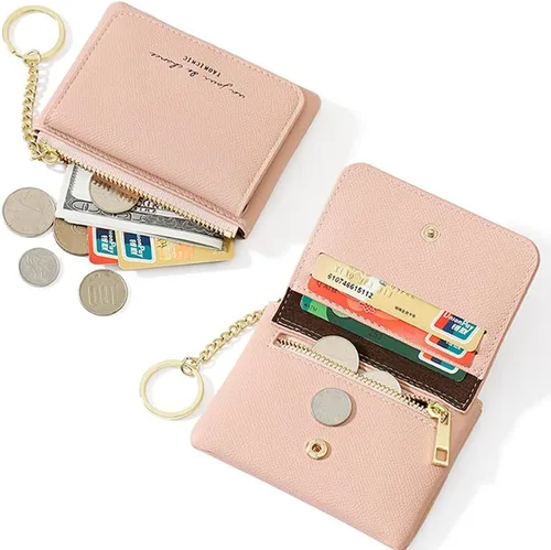 Vista 3 de Monedero mini estuche para mujer, billetera con bolsillo con cremallera y tarjetero frontal, organizador de moda delgada, Rojo -, Estilo mini