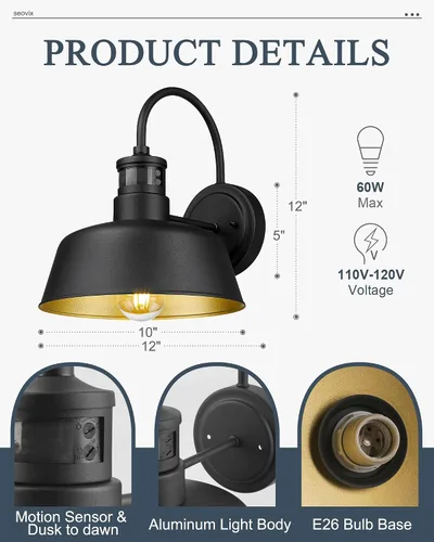 Vista 5 de Lámpara de pared exterior con sensor de movimiento, aplique de pared exterior de 10 pulgadas del atardecer al amanecer con enchufe de base E26