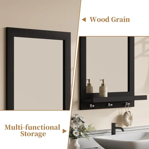 Vista 4 de ARTPOWER Espejo de pared de madera de 24 x 18.5 pulgadas con estante, espejo rectangular de pasillo con ganchos, espejos de pared colgantes