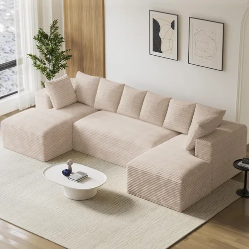 Vista 8 de ONEMMLION - Sofá grande sin hueso de 131 pulgadas con diván, color beige Corduroy, U-Shaped Modular Sectional Couch for Living Room, Memory Foam