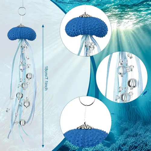 Vista 3 de Namalu 6 piezas de adorno de Navidad de erizo de mar y medusa con cuentas costeras, decoración festiva de playa con temática de océano, adorno Azul