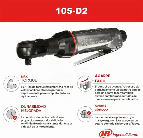 Vista 2 de Ingersoll Rand 105-D2 - Llave de carraca neumática de 1/4 pulgada, torque de 25 pies-libra, 250 RPM