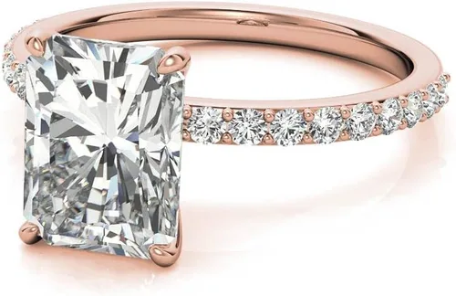 Vista 4 de Anillo de compromiso hecho a mano de oro rosa sólido de 10 quilates de 3 quilates con diamante de moissanita de corte radiante de 3 quilates, anillo