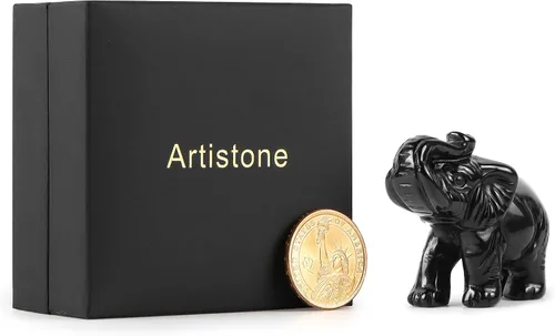 Vista 8 de Artistone Estatua de elefante de cristal de obsidiana negra, escultura de animales tallada a mano para decoración del hogar, adornos de escritorio