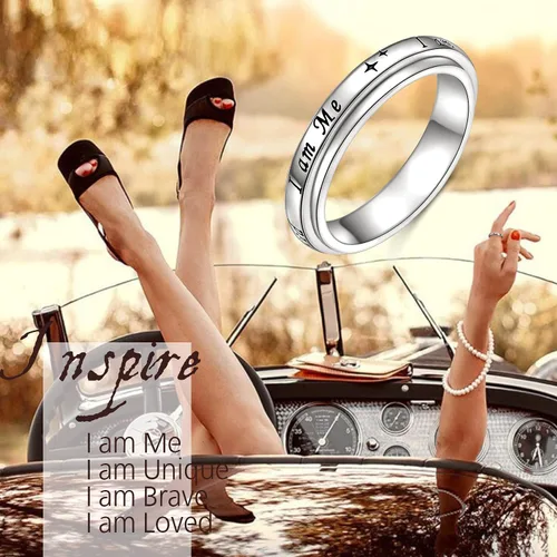 Vista 6 de Anillo giratorio con texto en inglés "I am me", de plata de ley 925, con fases lunares, para aliviar la ansiedad, el estrés, seguir adelante, TDAH