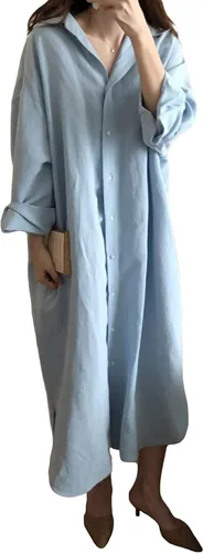 Vista 2 de GGUHHU - Vestido largo de algodón con mangas arremangadas, vestido maxi tipo blusa de algodón