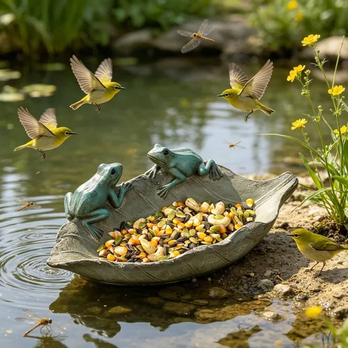 Vista 11 de Bird-Feeder - Cuenco de baño para pájaros salvajes al aire libre, decoración de jardín, pájaros de poliresina en la hoja, 12.4 x 7.5 x 4.1 pulgadas