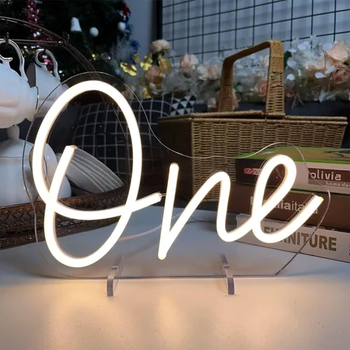 Vista 7 de Número de mesa de cumpleaños de un año de edad, lámpara de escritorio, luz nocturna, letra de boda, letrero de neón LED, decoración de mesa de boda