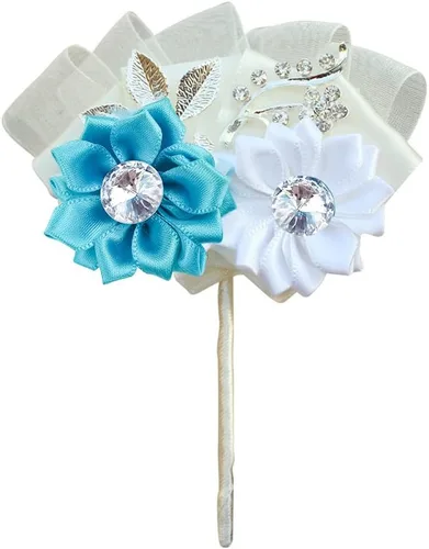 Vista 7 de 60 lazos de flores de cinta de satén, pequeñas flores de tela con margaritas con diamantes de imitación, lazos de cinta de satén para boda (azul)