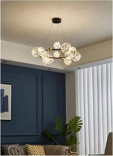 Vista 7 de Candelabros LED, lámparas de araña LED modernas de color dorado/negro con luces LED de cristal transparente, con forma de estrella para sala