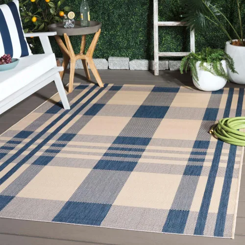 Vista 26 de SAFAVIEH Alfombra Lavable para Exteriores Colección Courtyard - 2'3" x 4', Beige y Azul, Patrón a Cuadros, No Desprende Pelusa y Fácil Limpieza