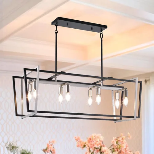 Vista 15 de Iluminación rústica de isla de cocina de granja, lámpara de 5 luces para comedor sobre mesa, lámpara de araña de madera rústica rectangular, lámpara