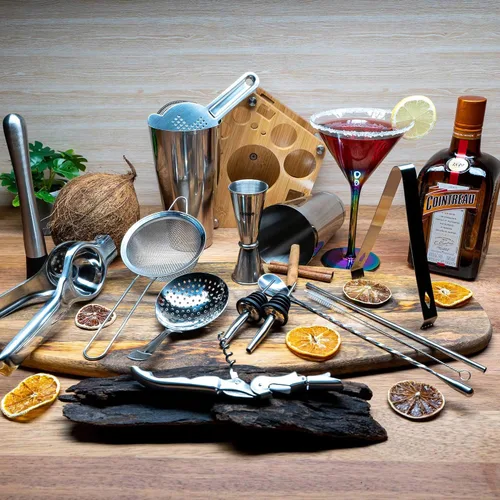 Vista 3 de Kit de camarero: juego de coctelera de acero inoxidable de 18 piezas Herramientas profesionales de barra premium con soporte giratorio de bambú
