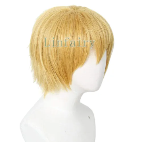 Vista 6 de Linfairy Peluca corta rubia para cosplay, disfraz de Halloween, peluca de gato para hombres Rubio