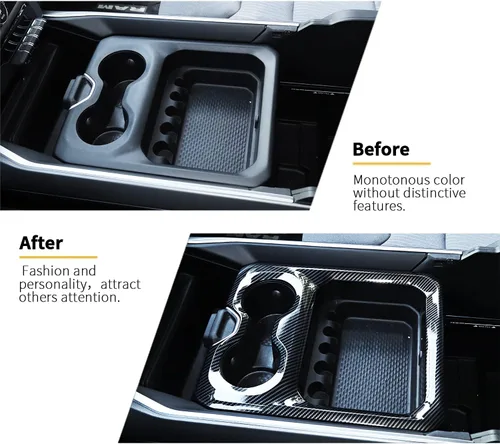 Vista 2 de Cubierta de panel de consola central de fibra de carbono con portavasos para apoyabrazos delantero Compatible con 2019-2025 Dodge RAM 1500 2500 3500