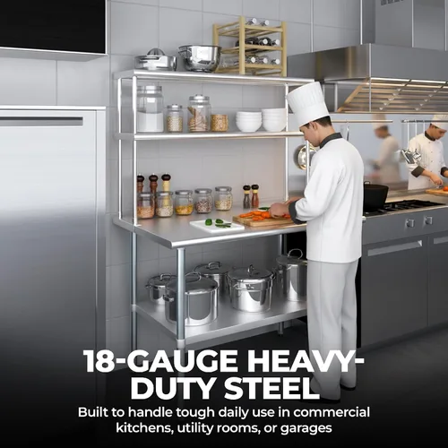 Vista 3 de Estante doble de acero inoxidable resistente con certificación NSF de calibre 18 con soportes para cocinas, cuartos de servicio, almacenamiento