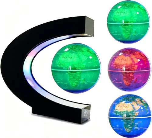 Vista 9 de Globo del mundo giratorio flotante de levitación magnética con marco de luces LED, globo de levitación en forma de C, luz nocturna con interruptor