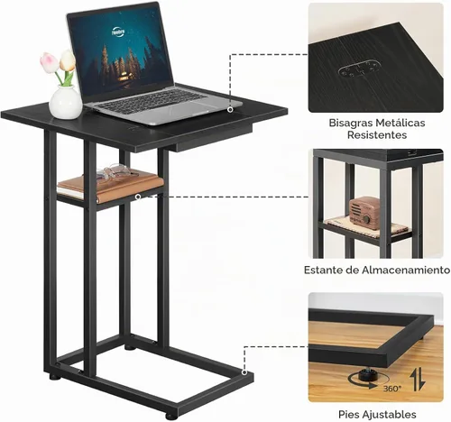 Vista 6 de HOOBRO Mesa auxiliar plegable, mesa lateral en forma de C con estante de almacenamiento, pequeña mesa de aperitivos adecuada para sala de estar