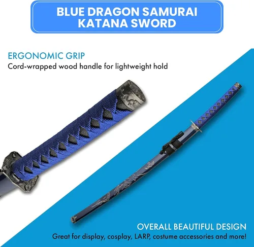 Vista 4 de SZCO Espada Katana Samurai de dragón azul de 40 pulgadas, hoja de acero al carbono con vaina de madera, mango envuelto en cordón, espada ninja