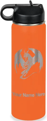 Vista 31 de LaserGram Botella de agua con tapa abatible de doble pared de 12 onzas con pajilla, dragón, grabado personalizado incluido (negro)