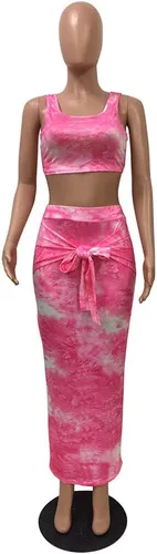 Vista 3 de Remelon - Sexy top sin mangas con impresión tie dye y falda ajustada a juego. Traje de 2 piezas., Vaina, S