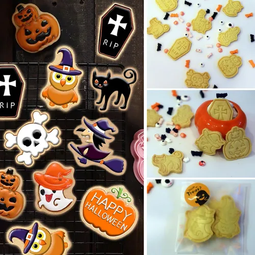 Vista 4 de Cortadores de galletas de Halloween, 8 sellos de galletas con linda calabaza, fantasma, gato, cráneo, búho, bruja y ataúd, impresión 3D mini