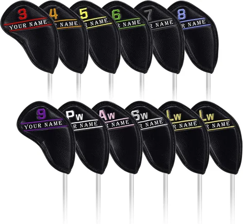 Vista 11 de CRAFTSMAN GOLF 12 piezas o 1 pieza de fundas para cabezas de palos de golf de cuero negro, con número de colores bordado para Callaway, Ping