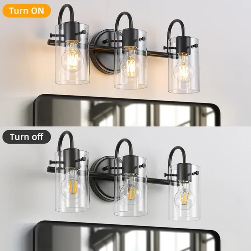 Vista 2 de 3 luces de tocador, lámparas de pared de baño negro mate sobre el espejo, aplique de pared moderno con pantalla de vidrio transparente, lámpara