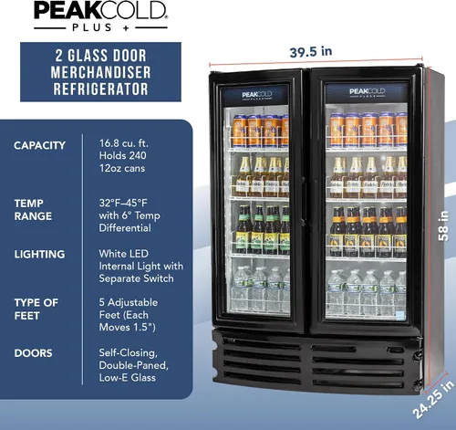 Vista 6 de PEAKCOLD + Refrigerador vertical de 2 puertas - Refrigerador comercial negro de 16.8 pies cúbicos de bajo consumo con puertas de vidrio