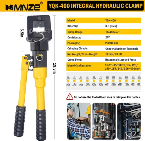 Vista 2 de Alicates de crimpado hidráulico de 16 toneladas de 6 AWG a 800 MCM Kit de herramientas de prensado hidráulico de mano con terminal de cable