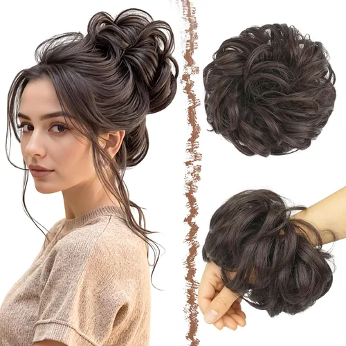 Vista 15 de FESHFEN Pieza de Cabello Grande de Moño Desordenado de Fibra Sintética Negro Azabache, 1.94 oz