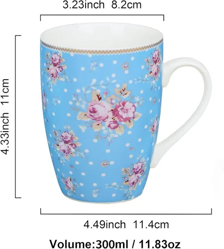 Vista 3 de fanquare Juego de 4 tazas de café de 12 onzas para mujer, juego de tazas de café de porcelana floral, tazas de café grandes de cerámica azul