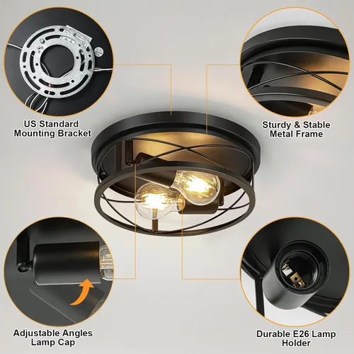 Vista 5 de Luces de granja, lámpara de techo industrial negra de montaje empotrado, lámpara de techo para pasillo, dormitorio, cocina, entrada, 2 luces