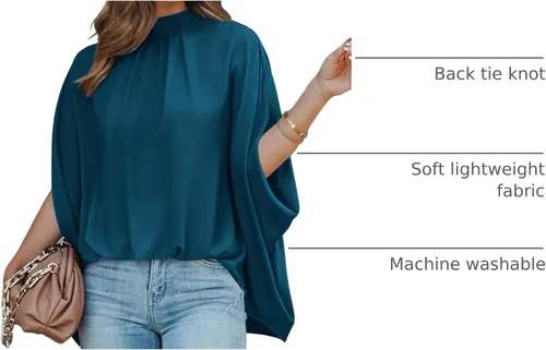 Vista 29 de BTFBM Blusas de verano para mujer, cuello alto falso, manga murciélago, holgadas, dobladillo alto y bajo, blusas informales de gran